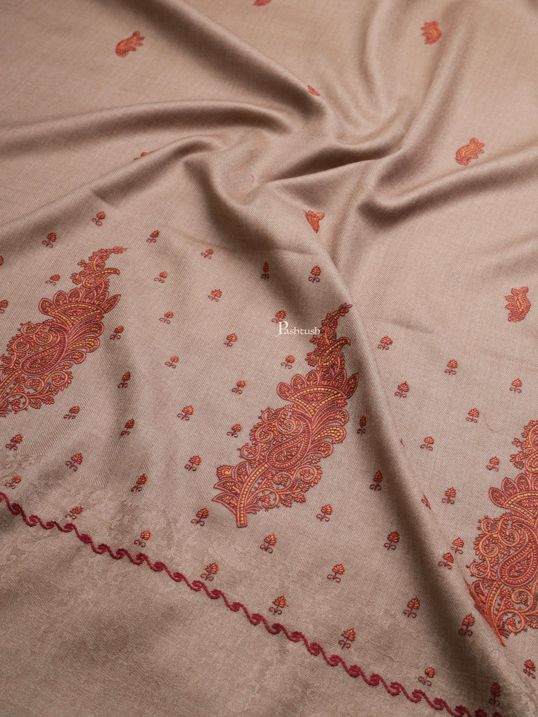 Pashtush India Womens Stoles and Scarves Scarf Pashtush womens Fine Wool shawl, embroidery shawl Paisley self palla design, Taupe