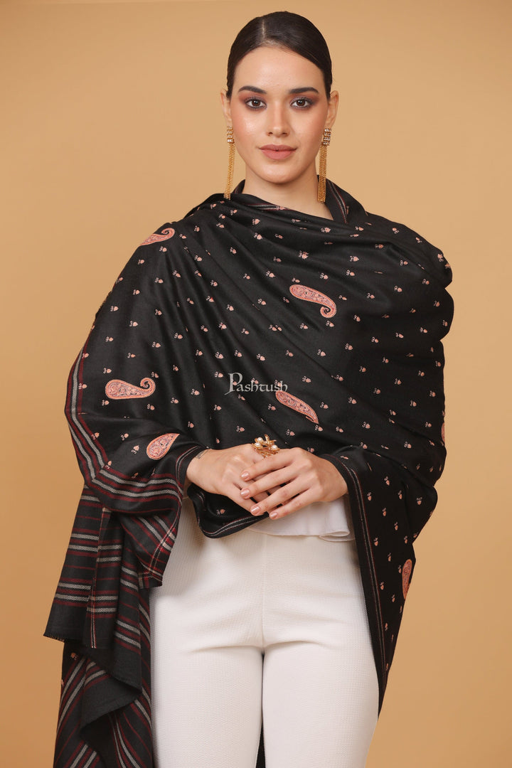 Pashtush India Womens Stoles and Scarves Scarf Pashtush womens Fine Wool shawl, embroidery shawl stripe palla design, Black