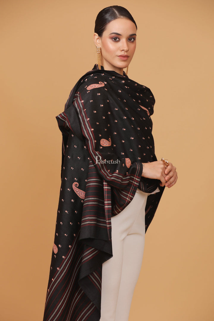 Pashtush India Womens Stoles and Scarves Scarf Pashtush womens Fine Wool shawl, embroidery shawl stripe palla design, Black