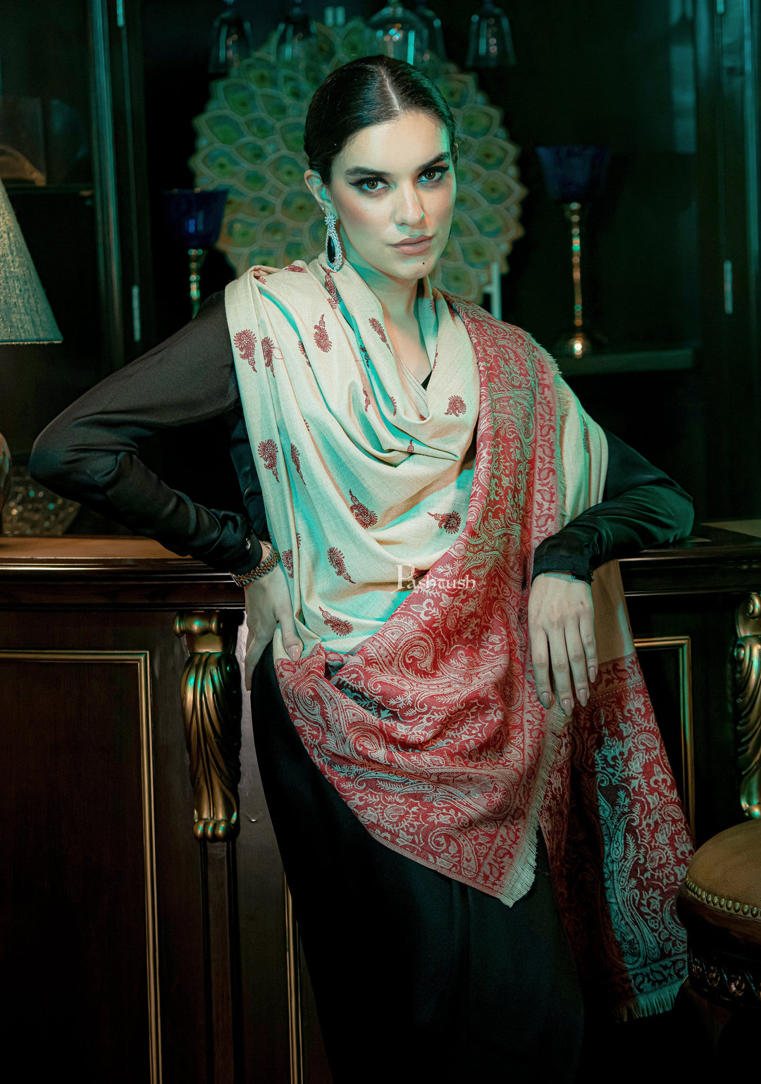 Pashtush India Womens Shawls Pashtush womens Fine Wool Shawl, Ethnic motifs design, Beige And Maroon