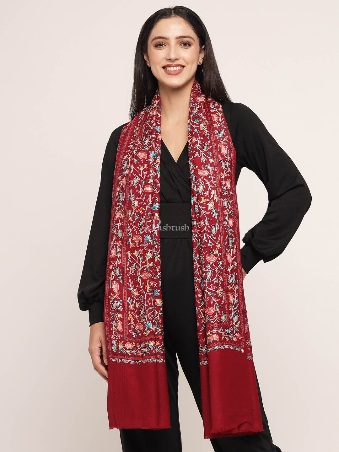 Pashtush India Womens Shawls Pashtush womens Fine Wool shawl, ethnic nalki embroidery design, Multicolour
