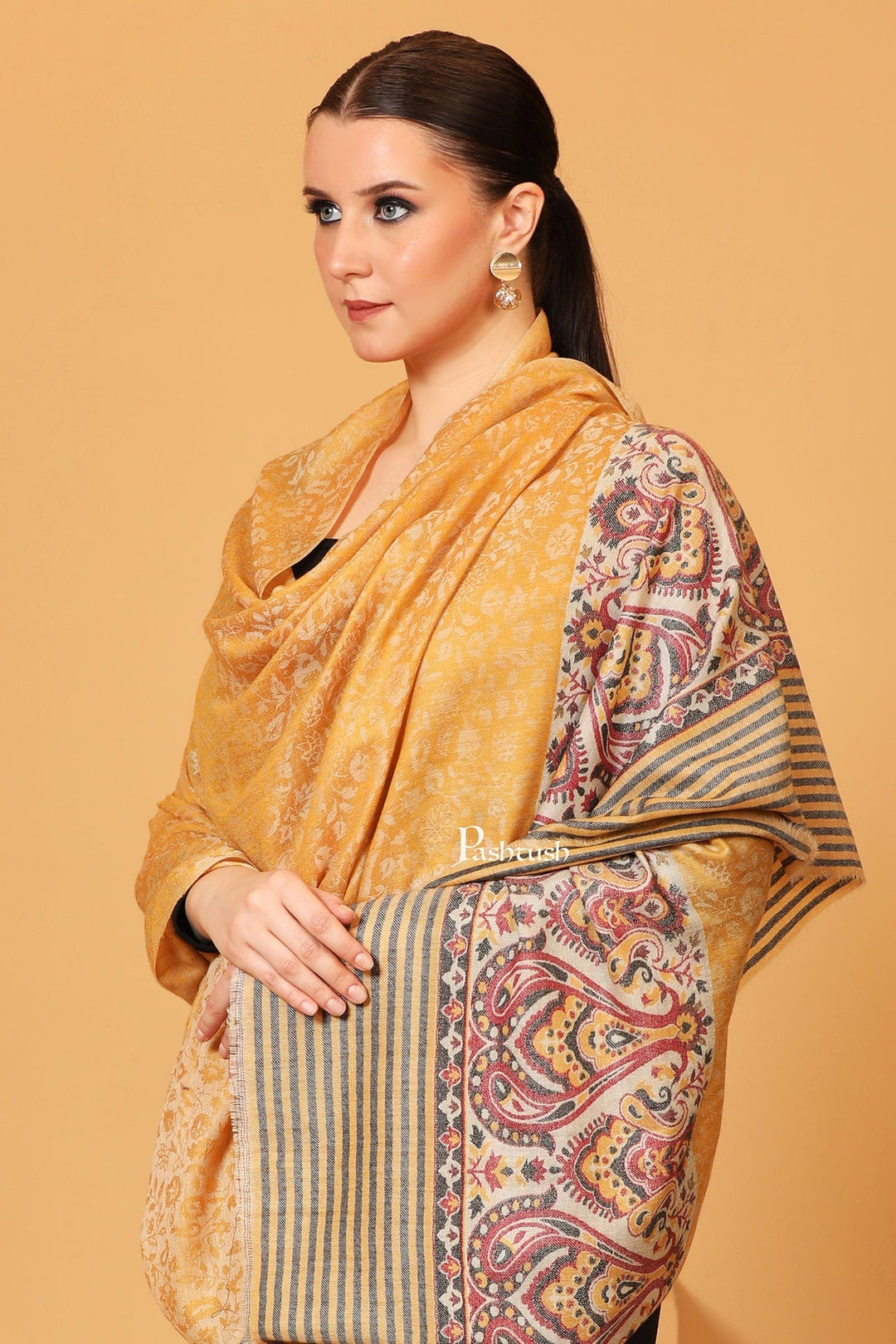 Pashtush India Womens Shawls Pashtush Womens Fine Wool shawl, Ethnic Palla design, Soft and Warm, Marigold