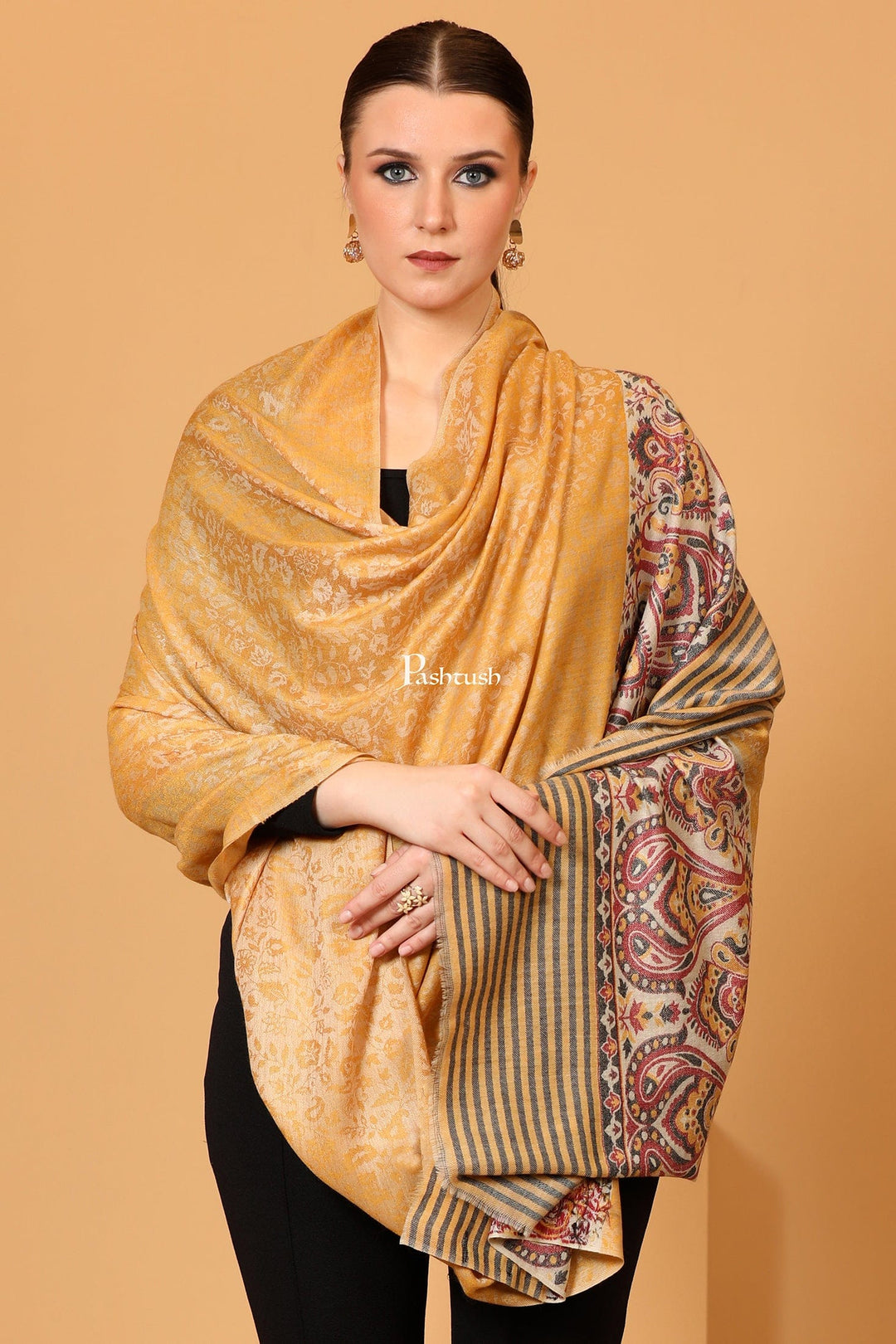 Pashtush India Womens Shawls Pashtush Womens Fine Wool shawl, Ethnic Palla design, Soft and Warm, Marigold