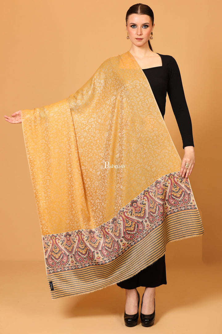 Pashtush India Womens Shawls Pashtush Womens Fine Wool shawl, Ethnic Palla design, Soft and Warm, Marigold