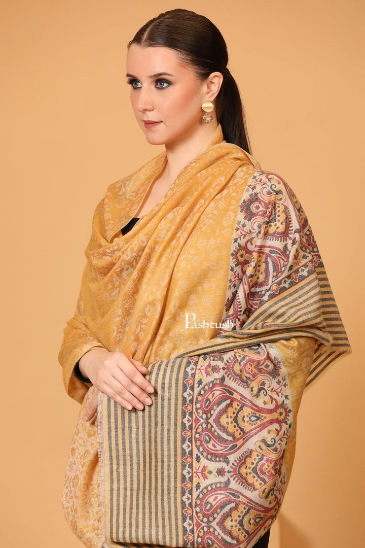 Pashtush India Womens Shawls Pashtush Womens Fine Wool shawl, Ethnic Palla design, Soft and Warm, Marigold