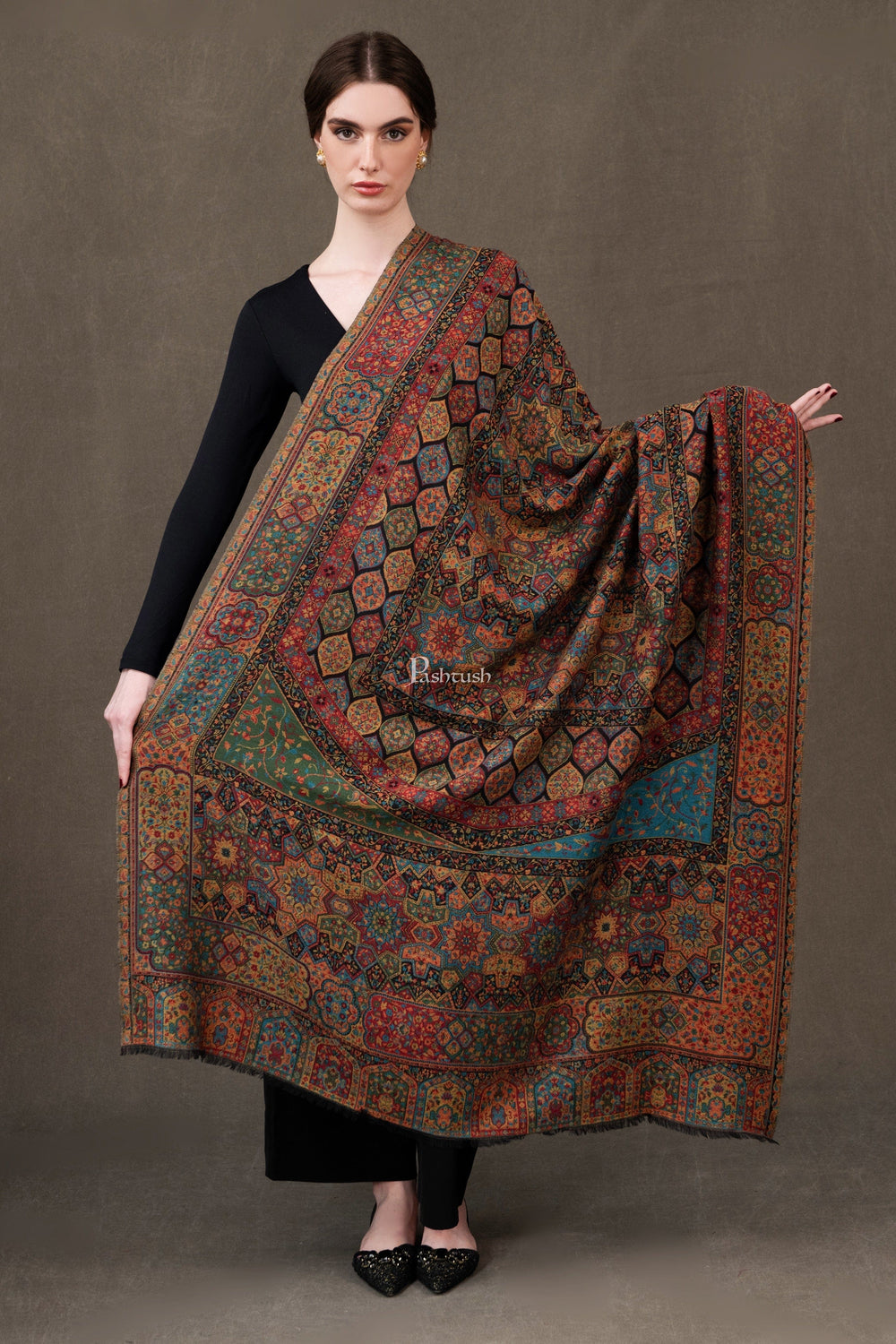 Pashtush India Womens Shawls Pashtush Womens Fine Wool Shawl, Ethnic Weave Design, Multicolour