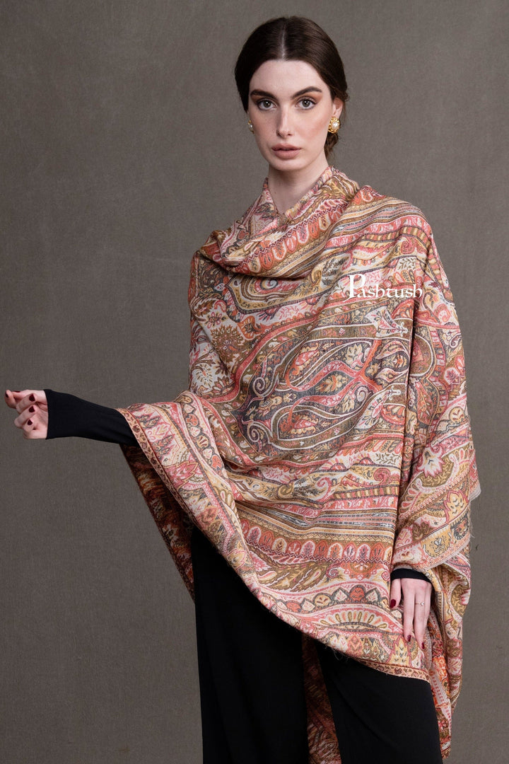 Pashtush India Womens Shawls Pashtush Womens Fine Wool Shawl, Ethnic Weave, Paisley Jamawar Design, Beige