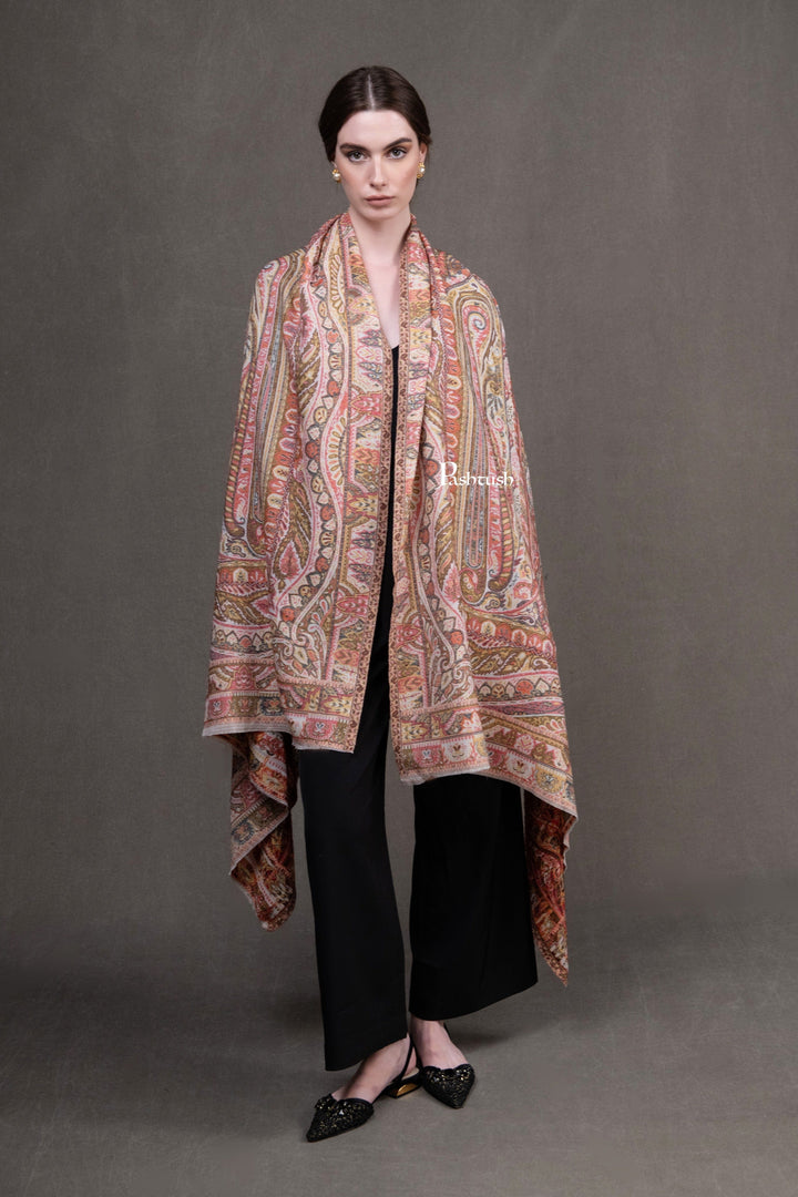 Pashtush India Womens Shawls Pashtush Womens Fine Wool Shawl, Ethnic Weave, Paisley Jamawar Design, Beige