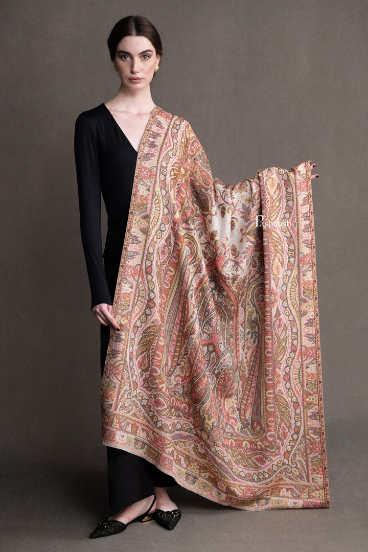 Pashtush India Womens Shawls Pashtush Womens Fine Wool Shawl, Ethnic Weave, Paisley Jamawar Design, Beige