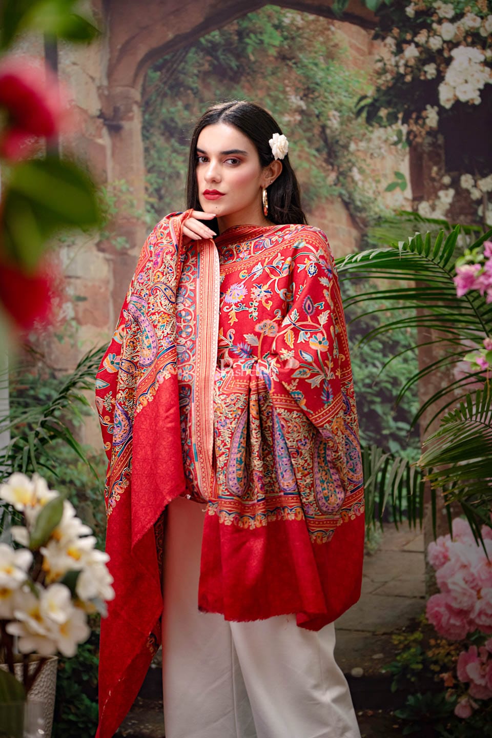 Pashtush India Womens Shawls Pashtush womens Fine Wool shawl, Hand Embroidered Kalamkari design, Crimson