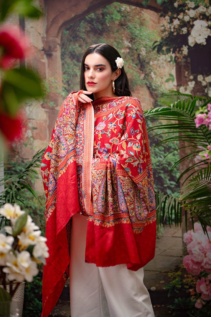 Pashtush India Womens Shawls Pashtush womens Fine Wool shawl, Hand Embroidered Kalamkari design, Crimson