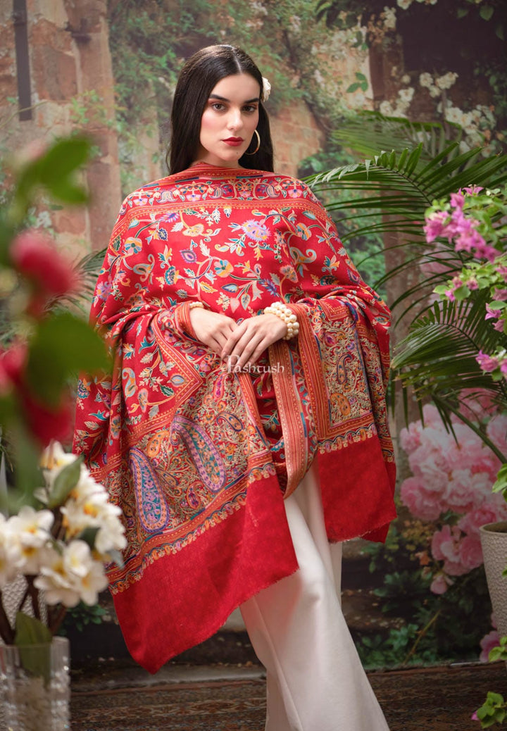 Pashtush India Womens Shawls Pashtush womens Fine Wool shawl, Hand Embroidered Kalamkari design, Crimson