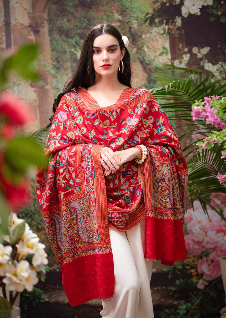 Pashtush India Womens Shawls Pashtush womens Fine Wool shawl, Hand Embroidered Kalamkari design, Crimson