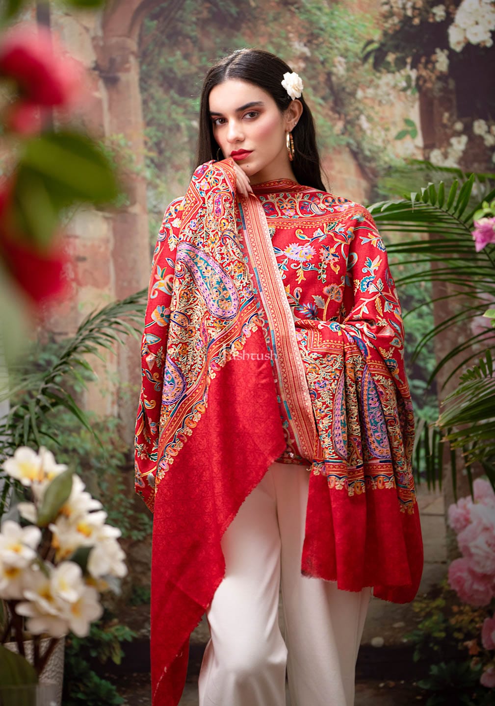 Pashtush India Womens Shawls Pashtush womens Fine Wool shawl, Hand Embroidered Kalamkari design, Crimson