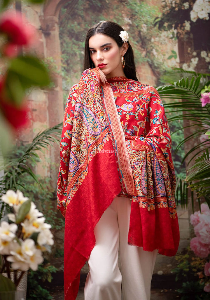Pashtush India Womens Shawls Pashtush womens Fine Wool shawl, Hand Embroidered Kalamkari design, Crimson