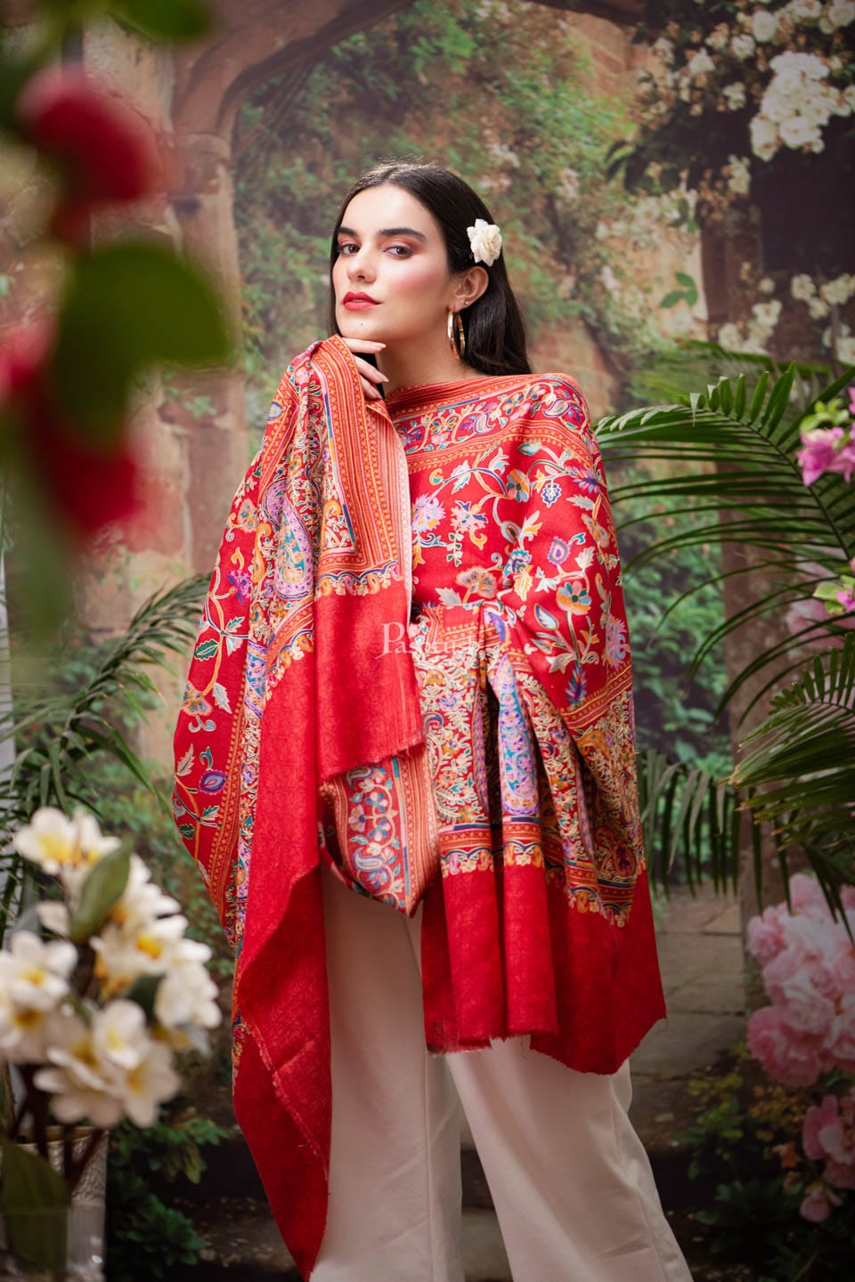 Pashtush India Womens Shawls Pashtush womens Fine Wool shawl, Hand Embroidered Kalamkari design, Crimson