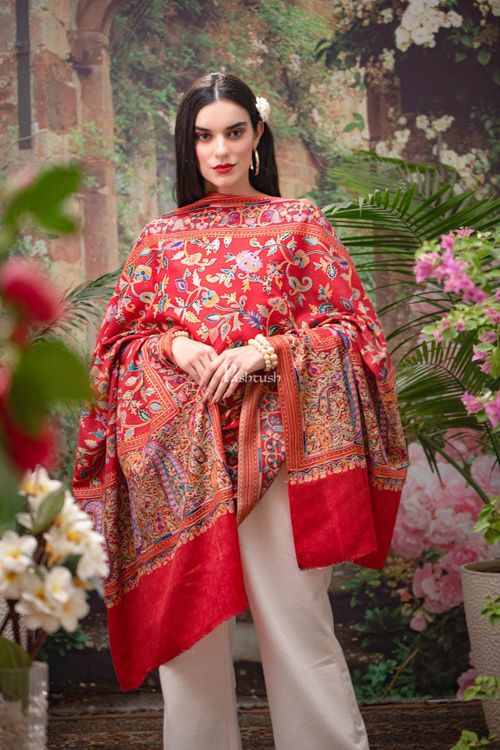 Pashtush India Womens Shawls Pashtush womens Fine Wool shawl, Hand Embroidered Kalamkari design, Crimson