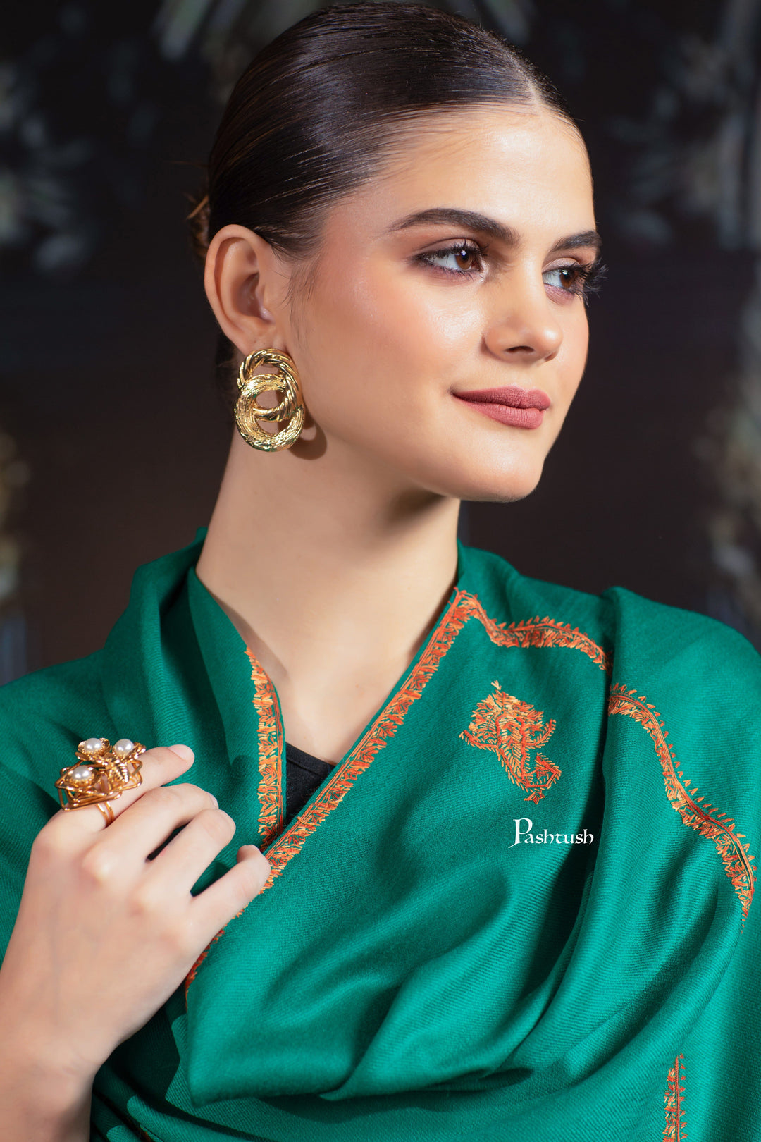 Pashtush India Womens Shawls Pashtush Womens Fine Wool Shawl, Hand Embroidered Kingri Design, Bottle Green