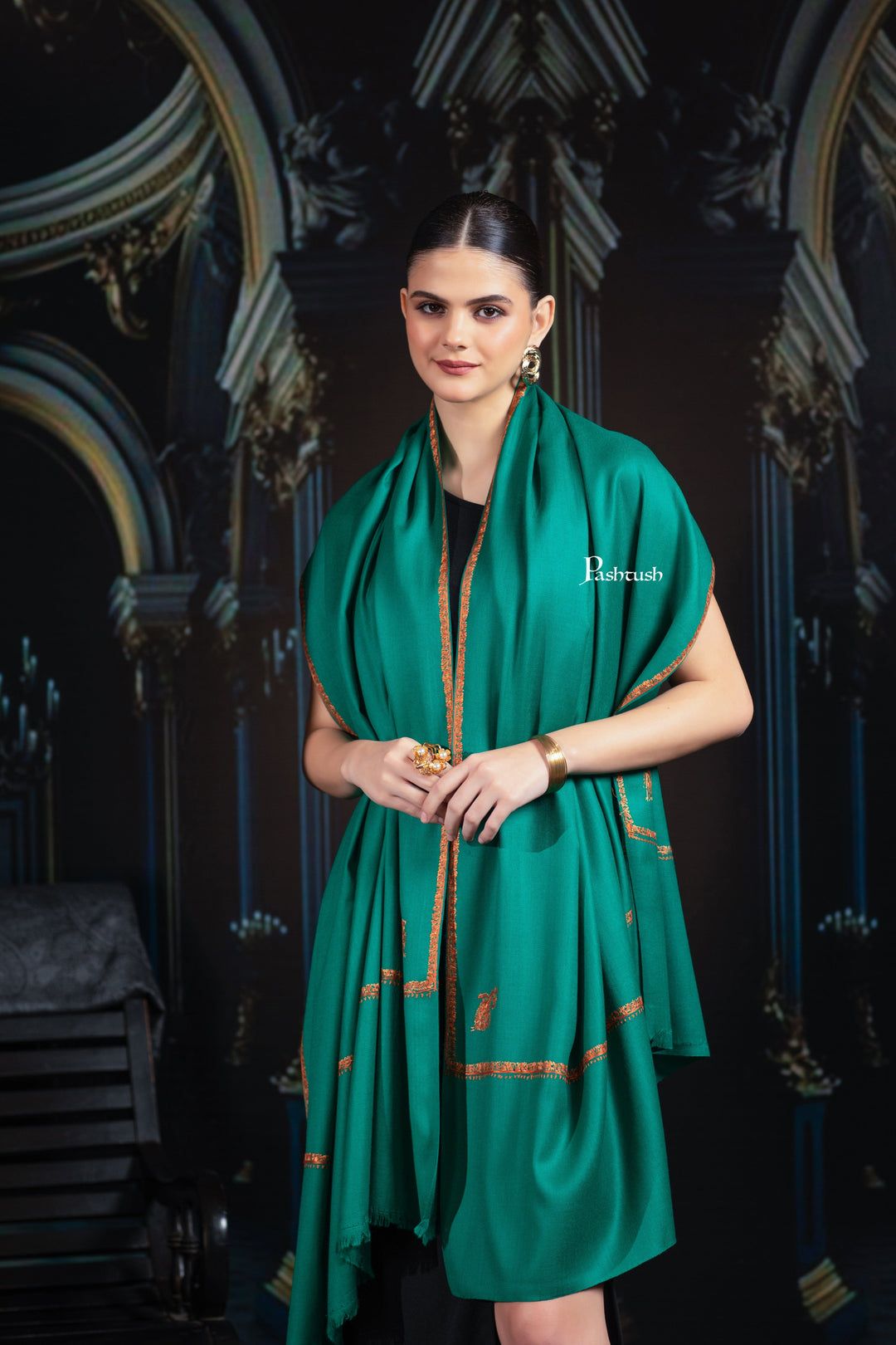 Pashtush India Womens Shawls Pashtush Womens Fine Wool Shawl, Hand Embroidered Kingri Design, Bottle Green