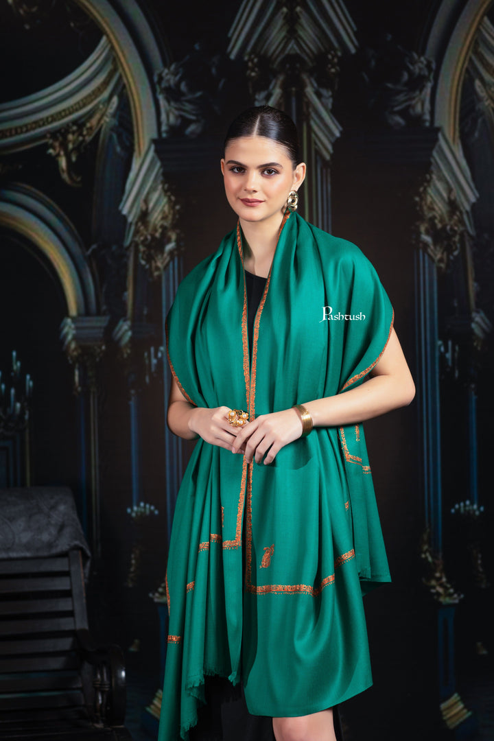 Pashtush India Womens Shawls Pashtush Womens Fine Wool Shawl, Hand Embroidered Kingri Design, Bottle Green