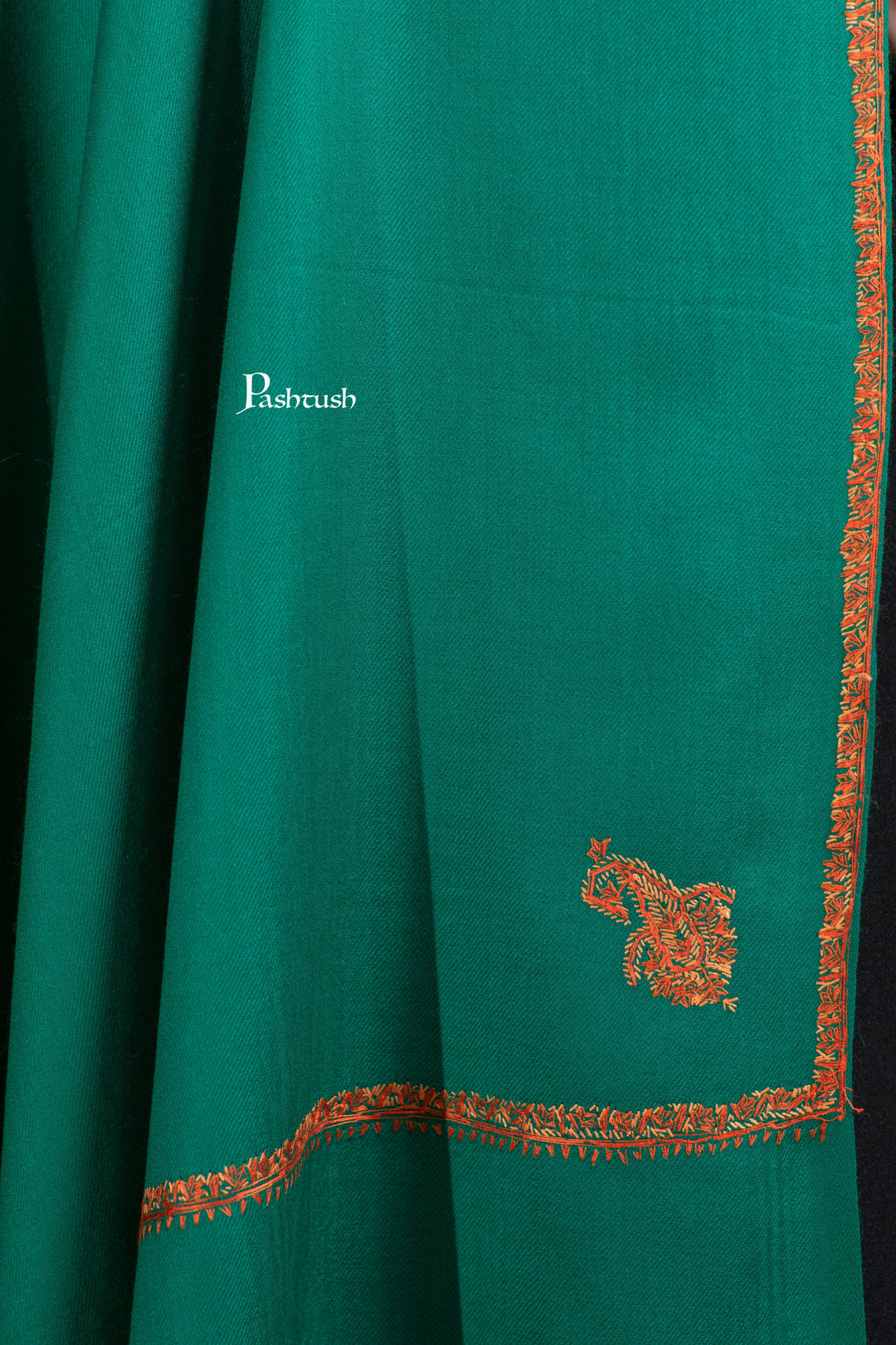 Pashtush India Womens Shawls Pashtush Womens Fine Wool Shawl, Hand Embroidered Kingri Design, Bottle Green