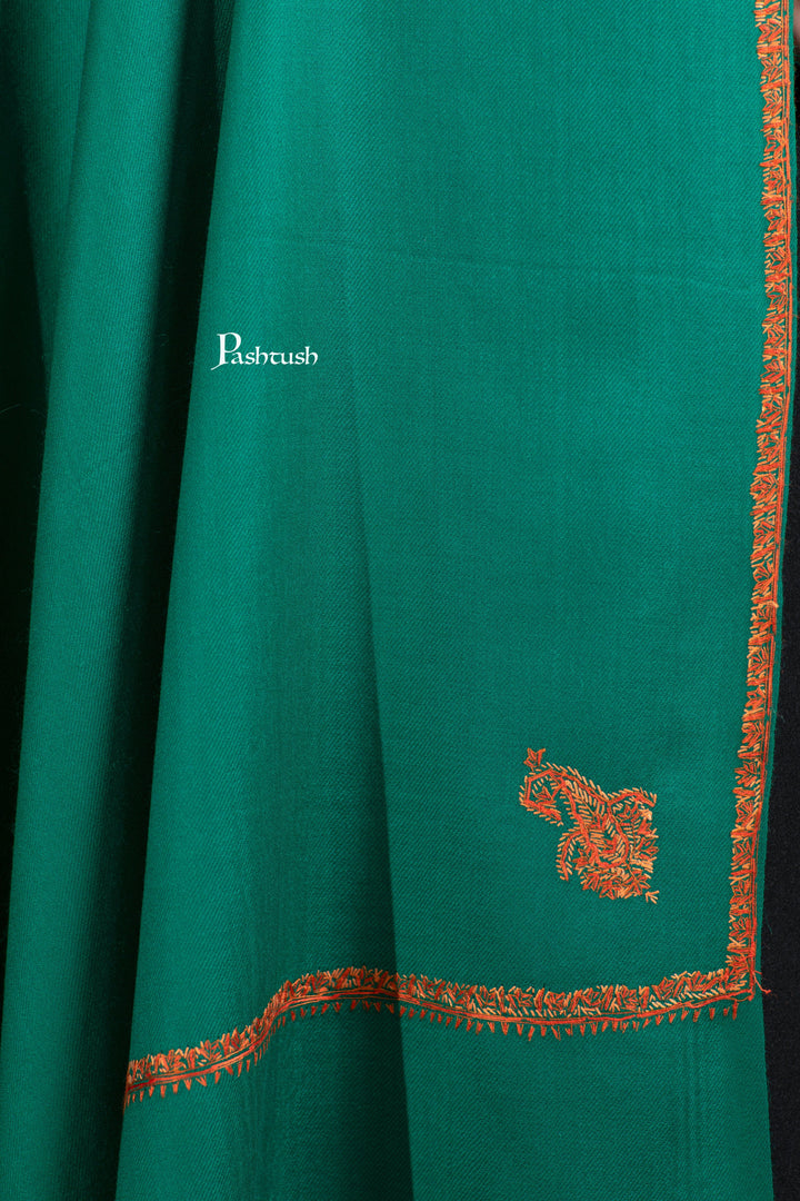 Pashtush India Womens Shawls Pashtush Womens Fine Wool Shawl, Hand Embroidered Kingri Design, Bottle Green