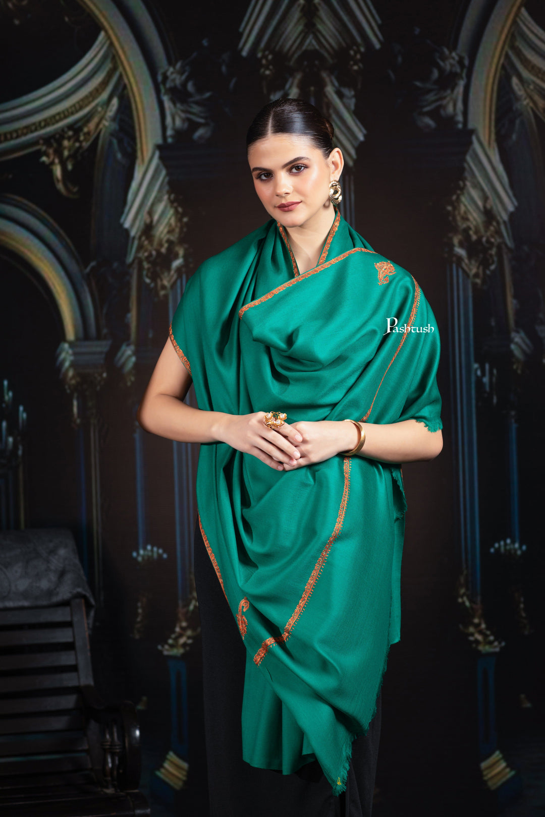 Pashtush India Womens Shawls Pashtush Womens Fine Wool Shawl, Hand Embroidered Kingri Design, Bottle Green