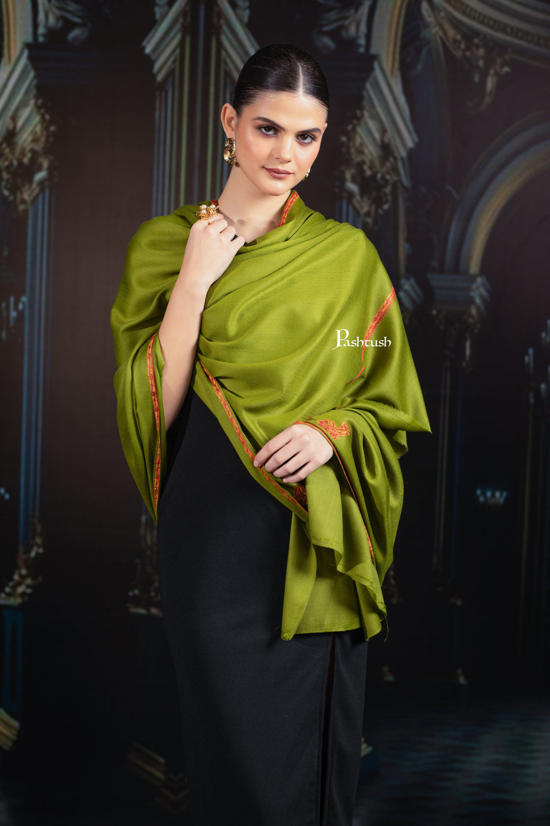 Pashtush India Womens Shawls Pashtush Womens Fine Wool Shawl, Hand Embroidered Kingri Design, Emerald Green