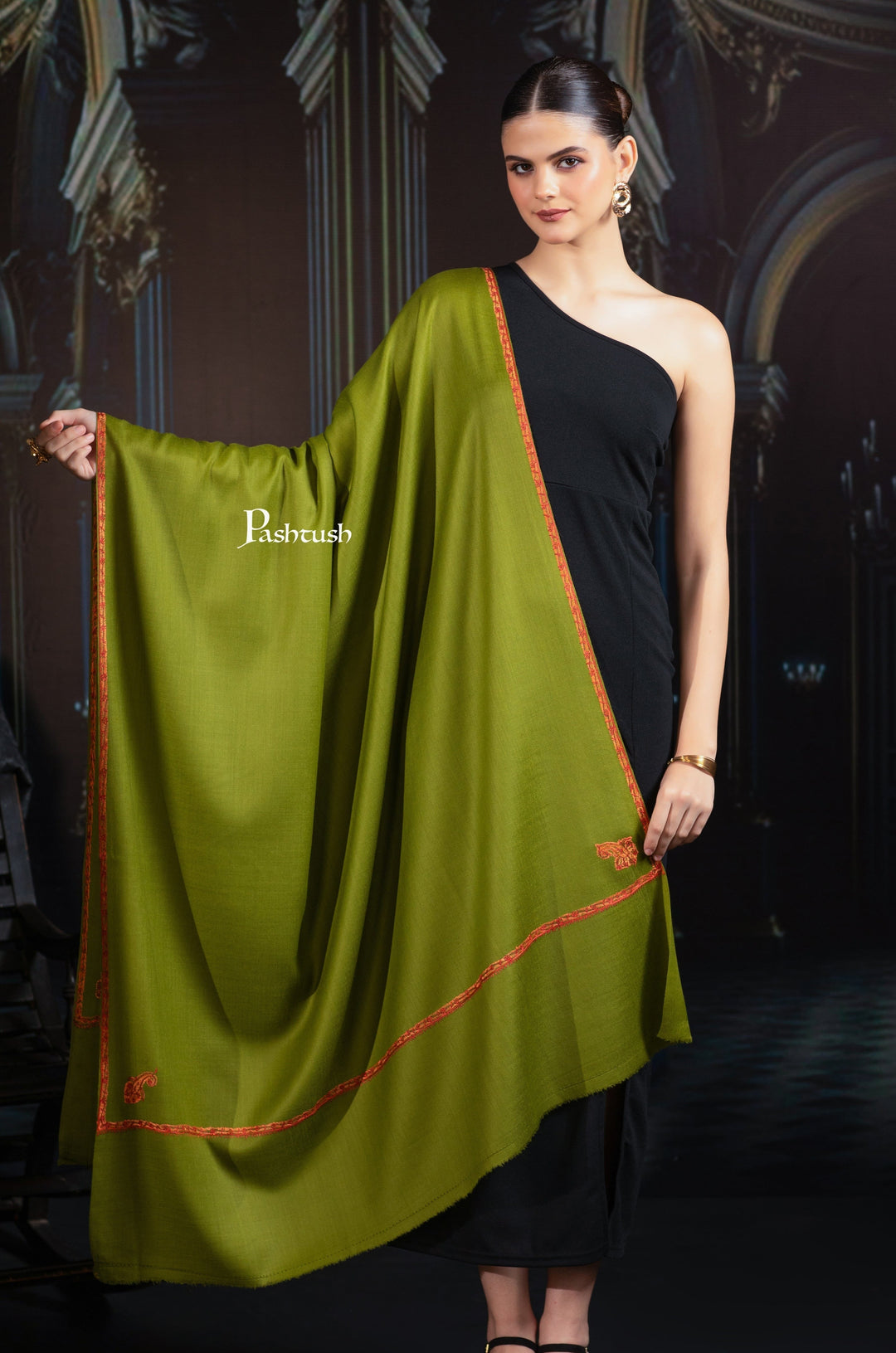 Pashtush India Womens Shawls Pashtush Womens Fine Wool Shawl, Hand Embroidered Kingri Design, Emerald Green