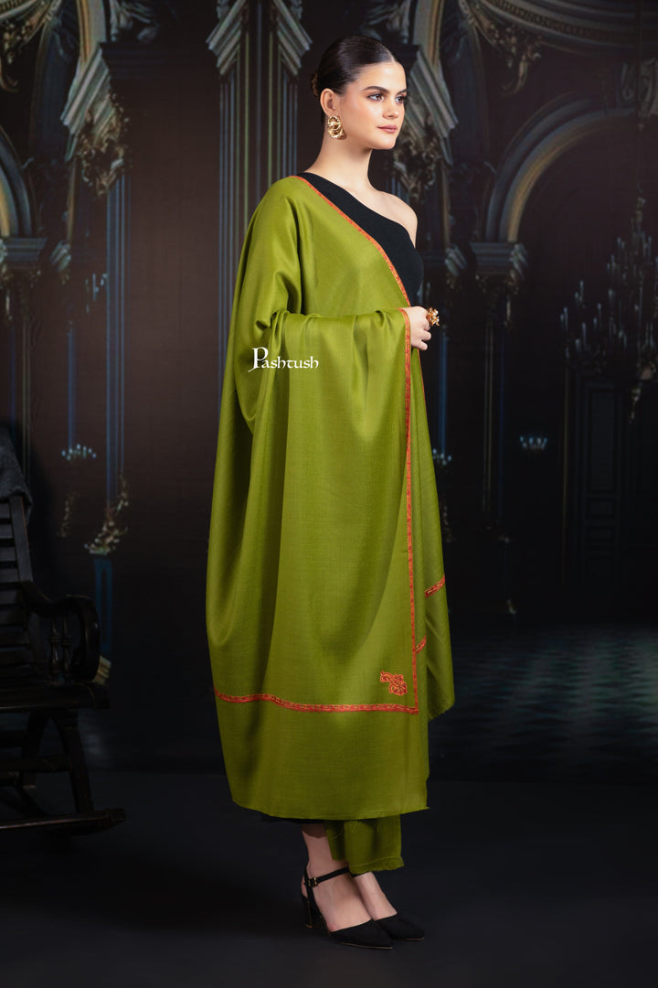 Pashtush India Womens Shawls Pashtush Womens Fine Wool Shawl, Hand Embroidered Kingri Design, Emerald Green