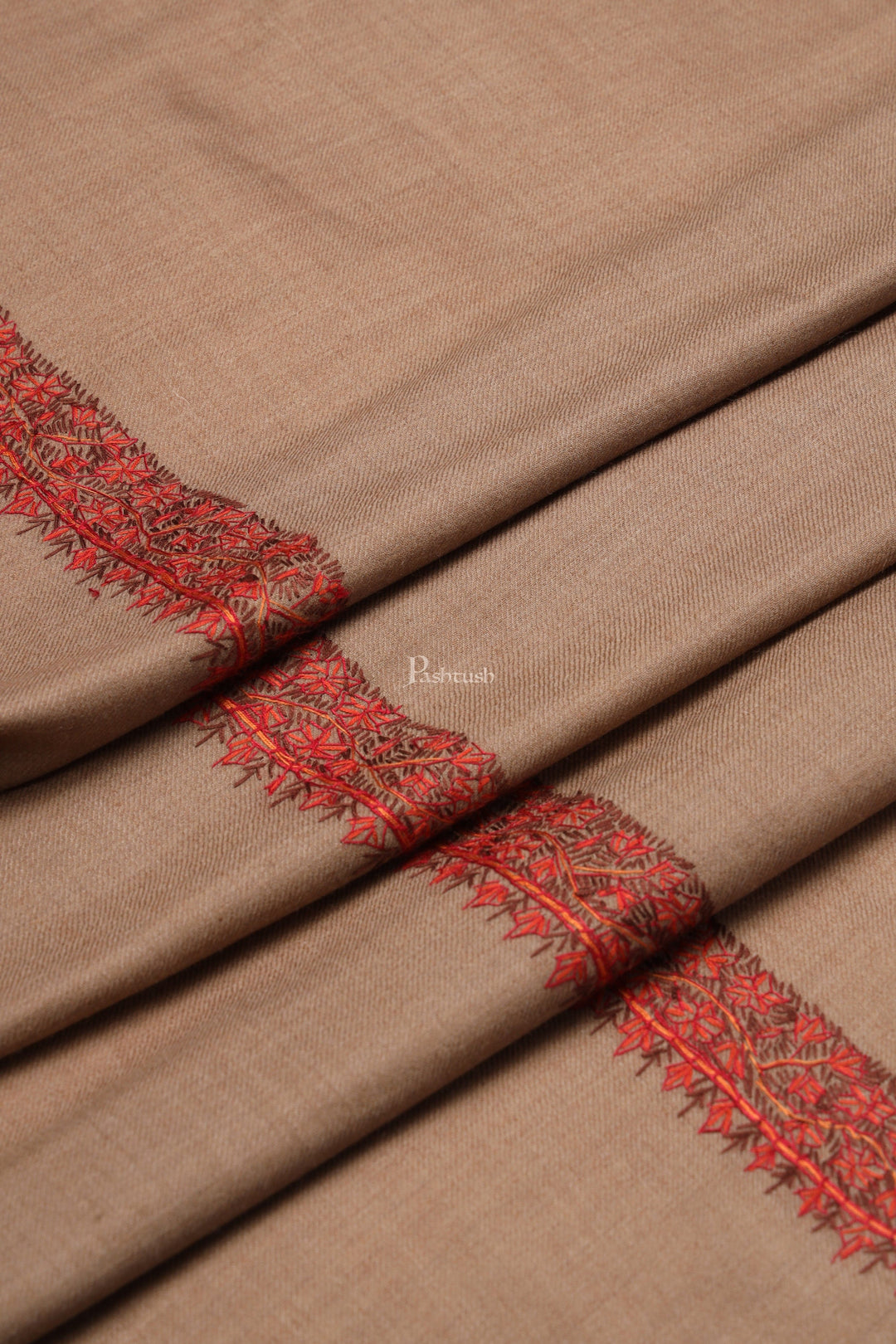 Pashtush India Womens Shawls Pashtush Womens Fine Wool Shawl, Hand Embroidered Neemdaur Design, Taupe