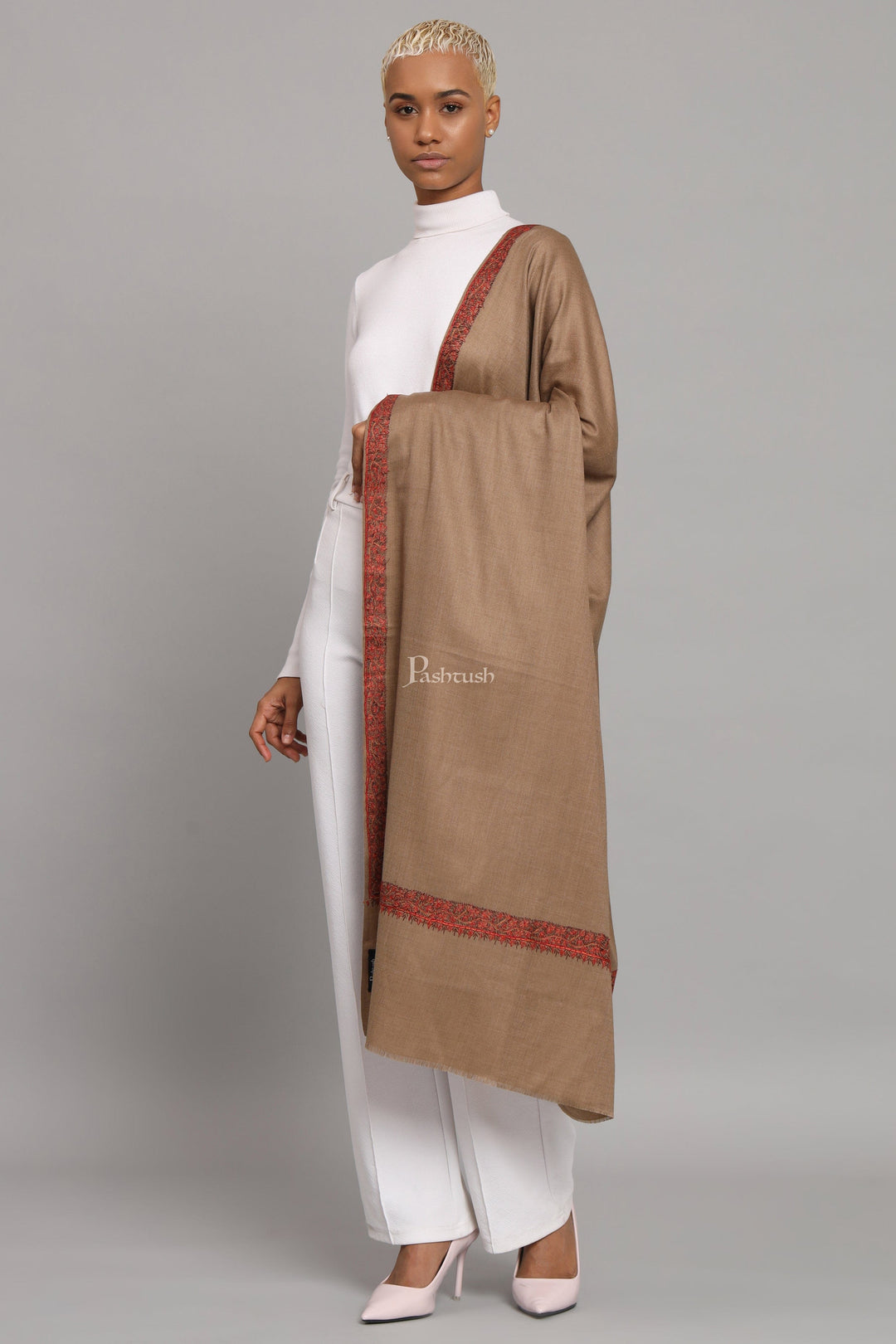 Pashtush India Womens Shawls Pashtush Womens Fine Wool Shawl, Hand Embroidered Neemdaur Design, Taupe