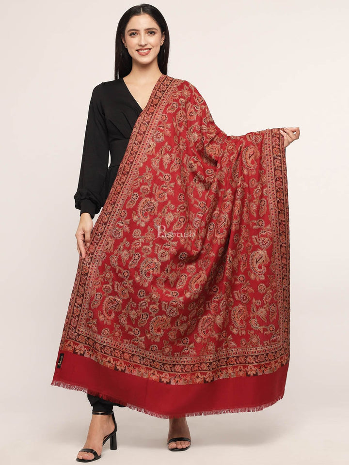 Pashtush India Womens Shawls Pashtush womens Fine Wool shawl, hand embroidery design, Maroon