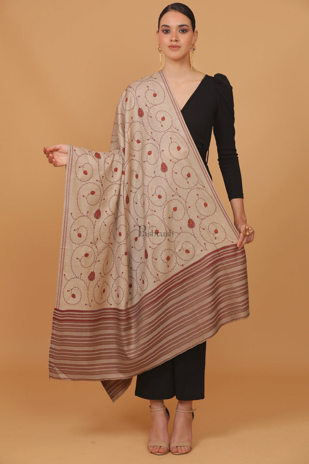 Pashtush India Womens Stoles and Scarves Scarf Pashtush womens Fine Wool shawl, jaal embroidery design, Beige