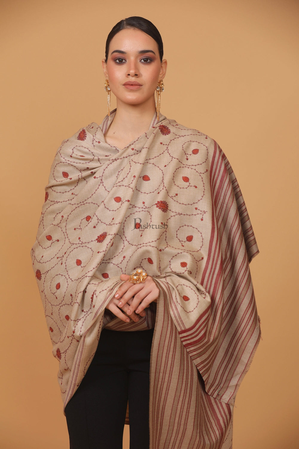 Pashtush India Womens Stoles and Scarves Scarf Pashtush womens Fine Wool shawl, jaal embroidery design, Beige