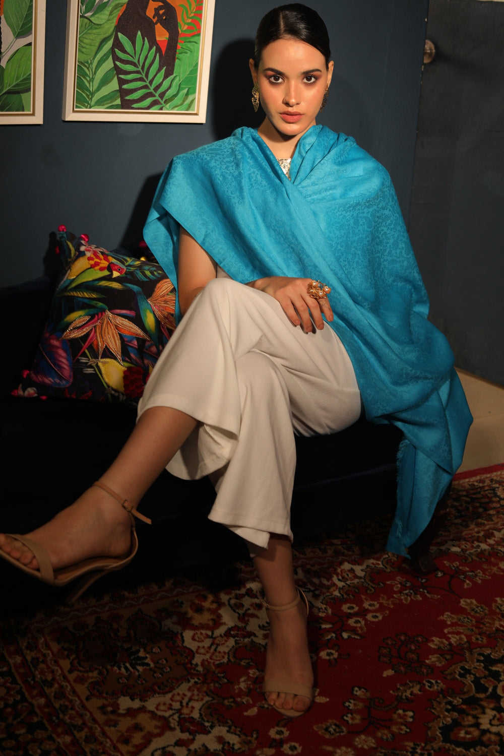 Pashtush India Womens Stoles and Scarves Scarf Pashtush womens Fine Wool shawl, JACQUARD design, Arabic Sea Blue