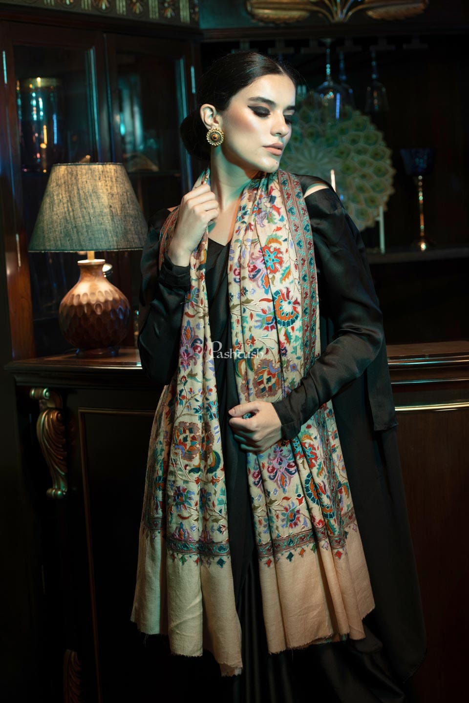 Pashtush India Womens Shawls Pashtush womens Fine Wool shawl, Kalamkari design, Beige