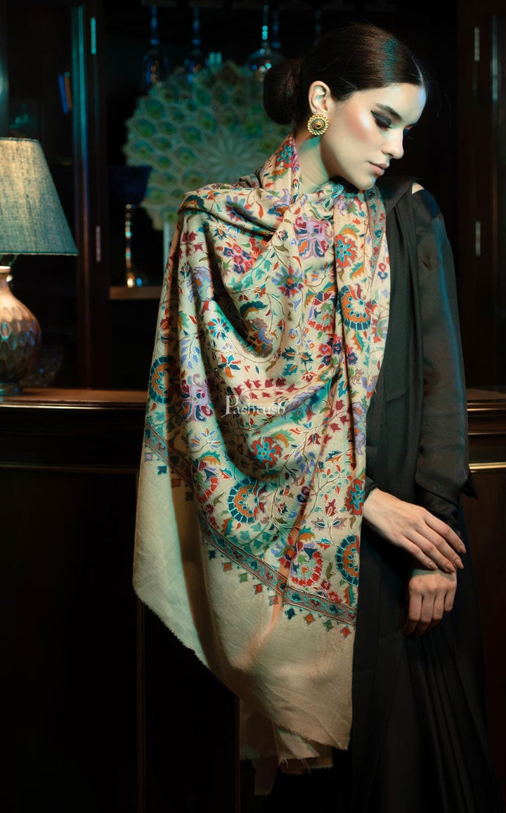 Pashtush India Womens Shawls Pashtush womens Fine Wool shawl, Kalamkari design, Beige