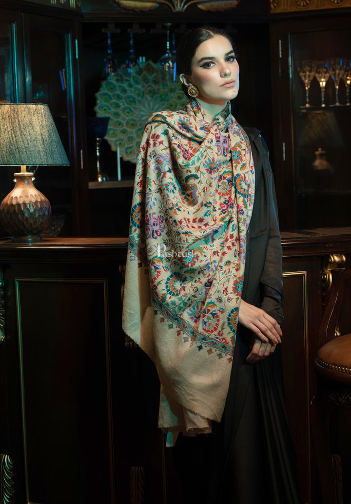 Pashtush India Womens Shawls Pashtush womens Fine Wool shawl, Kalamkari design, Beige