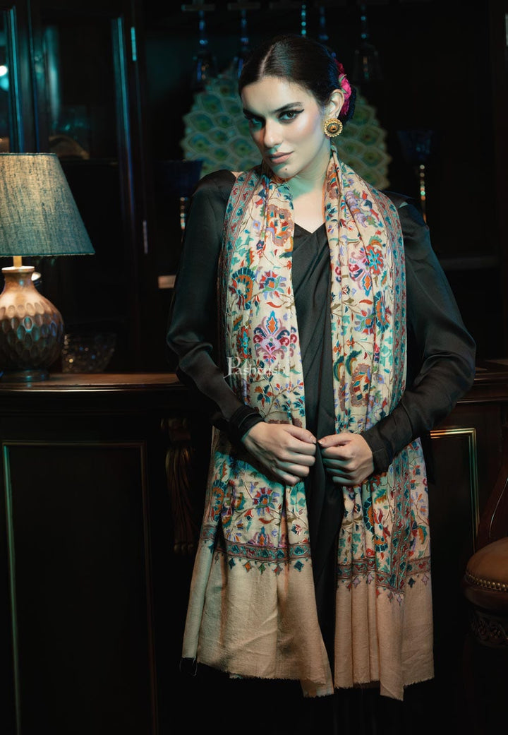 Pashtush India Womens Shawls Pashtush womens Fine Wool shawl, Kalamkari design, Beige
