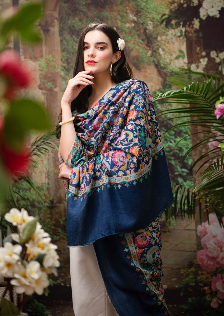 Pashtush India Gift Pack Pashtush womens Fine Wool shawl, Kalamkari design, Navy Blue