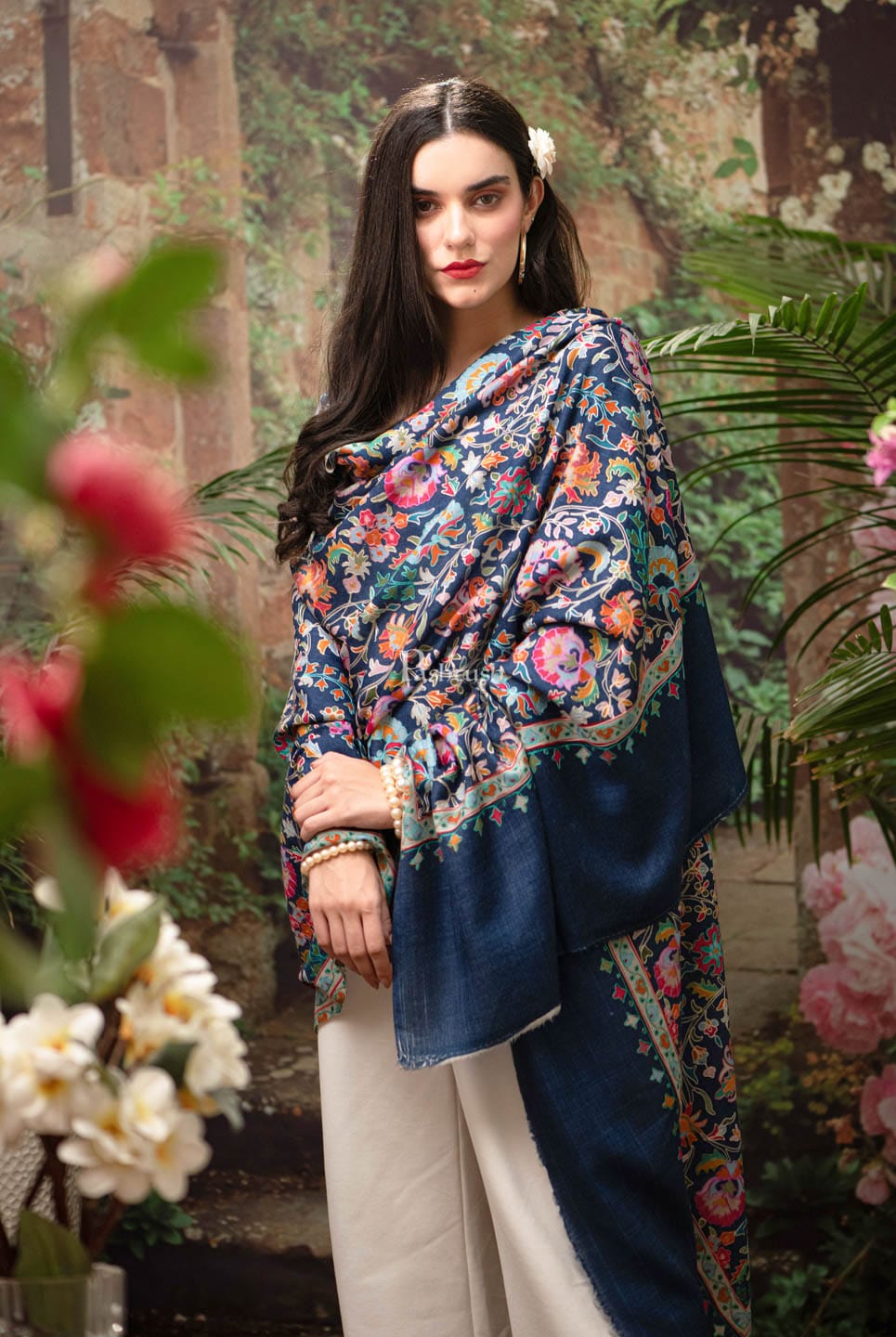 Pashtush India Gift Pack Pashtush womens Fine Wool shawl, Kalamkari design, Navy Blue