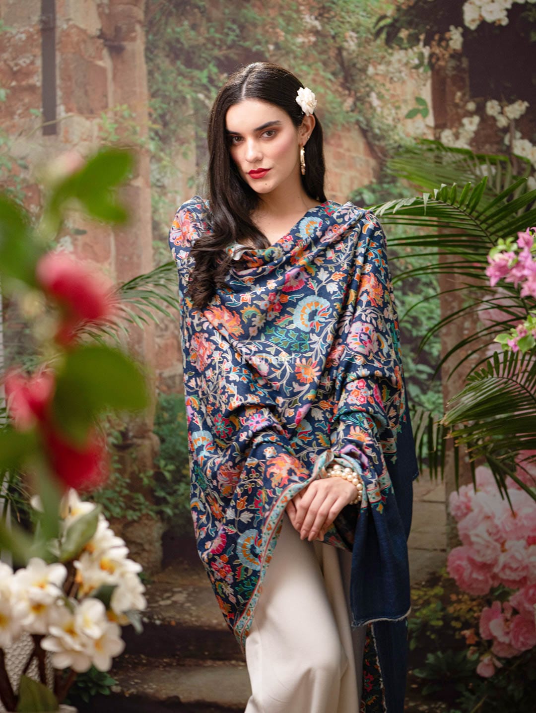 Pashtush India Gift Pack Pashtush womens Fine Wool shawl, Kalamkari design, Navy Blue