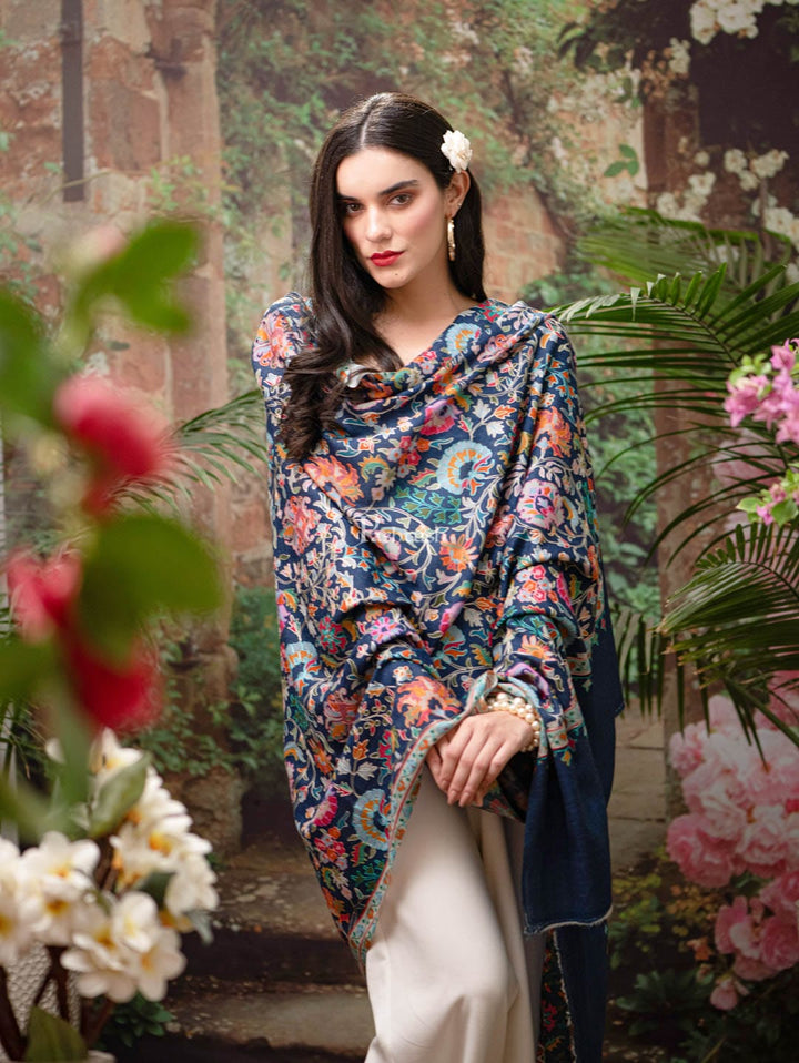 Pashtush India Gift Pack Pashtush womens Fine Wool shawl, Kalamkari design, Navy Blue
