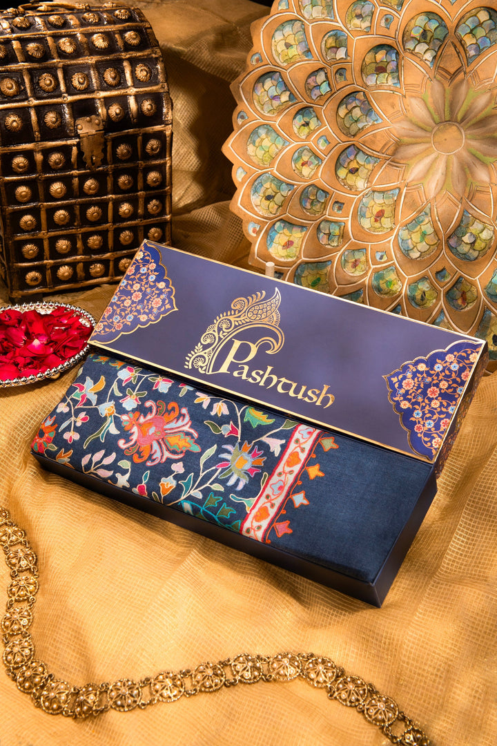 Pashtush India Gift Pack Pashtush womens Fine Wool shawl, Kalamkari design, Navy Blue