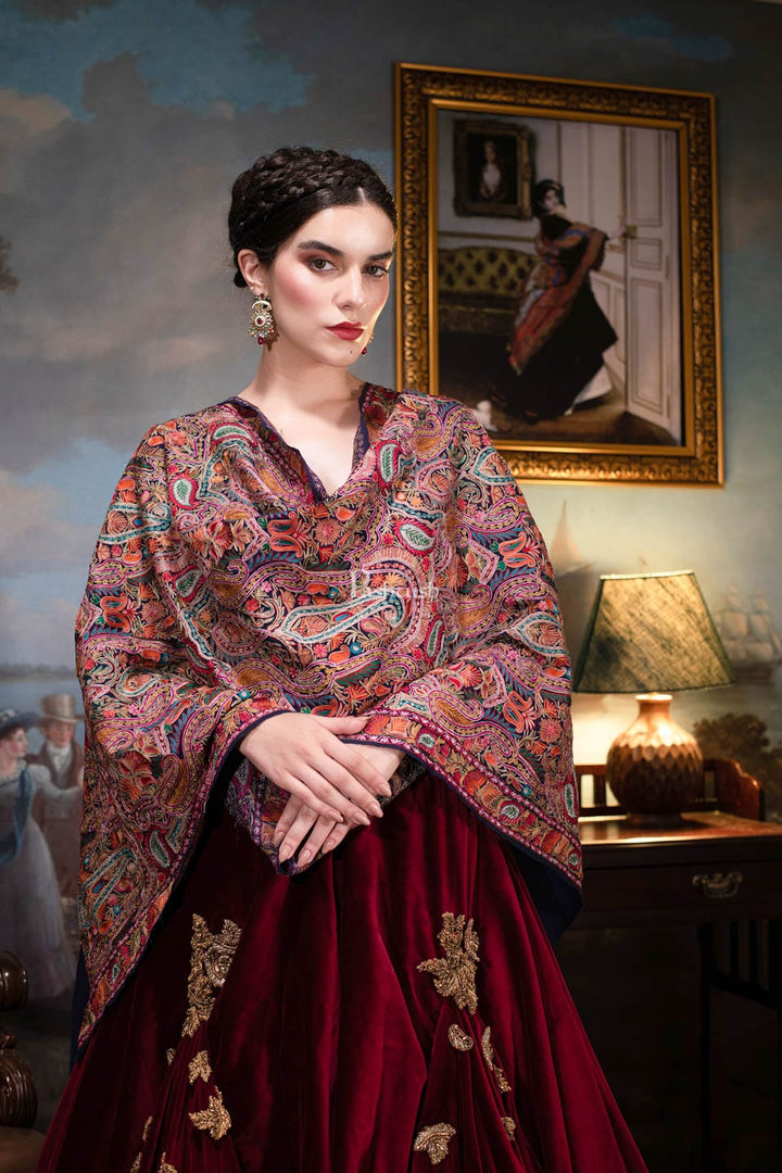 Pashtush India Womens Shawls Pashtush womens Fine Wool shawl, Kalamkari with outline embroidery design, Multicolour