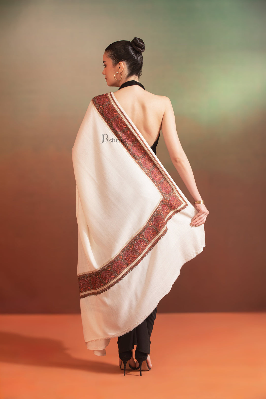 Pashtush India Womens Shawls Pashtush Womens Fine Wool Shawl, Kashmiri Border Embroidery With Tilla Design, Ivory