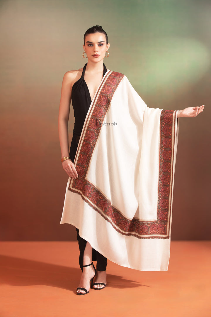 Pashtush India Womens Shawls Pashtush Womens Fine Wool Shawl, Kashmiri Border Embroidery With Tilla Design, Ivory