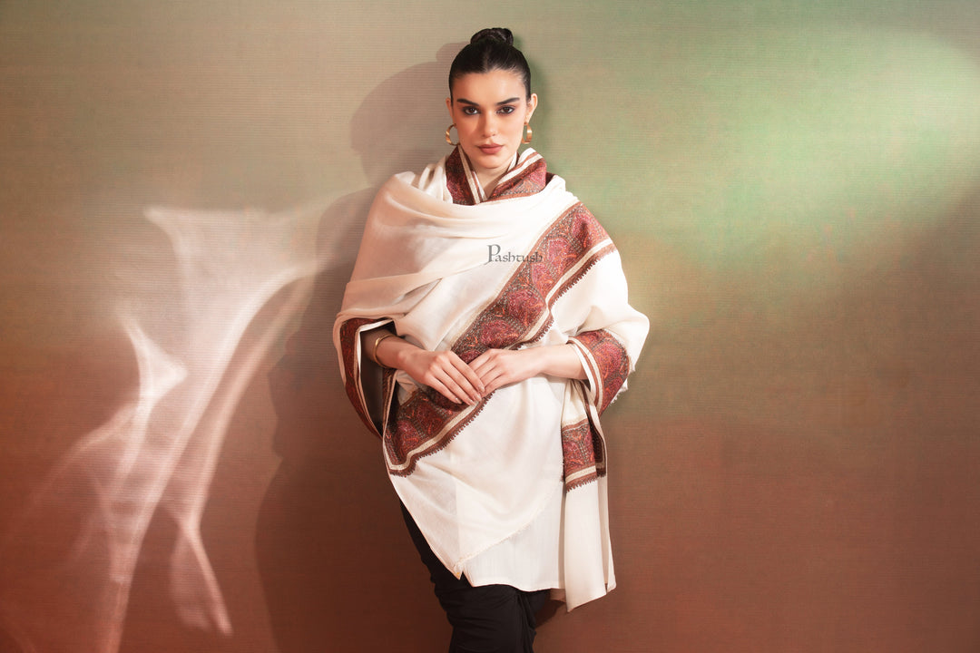Pashtush India Womens Shawls Pashtush Womens Fine Wool Shawl, Kashmiri Border Embroidery With Tilla Design, Ivory
