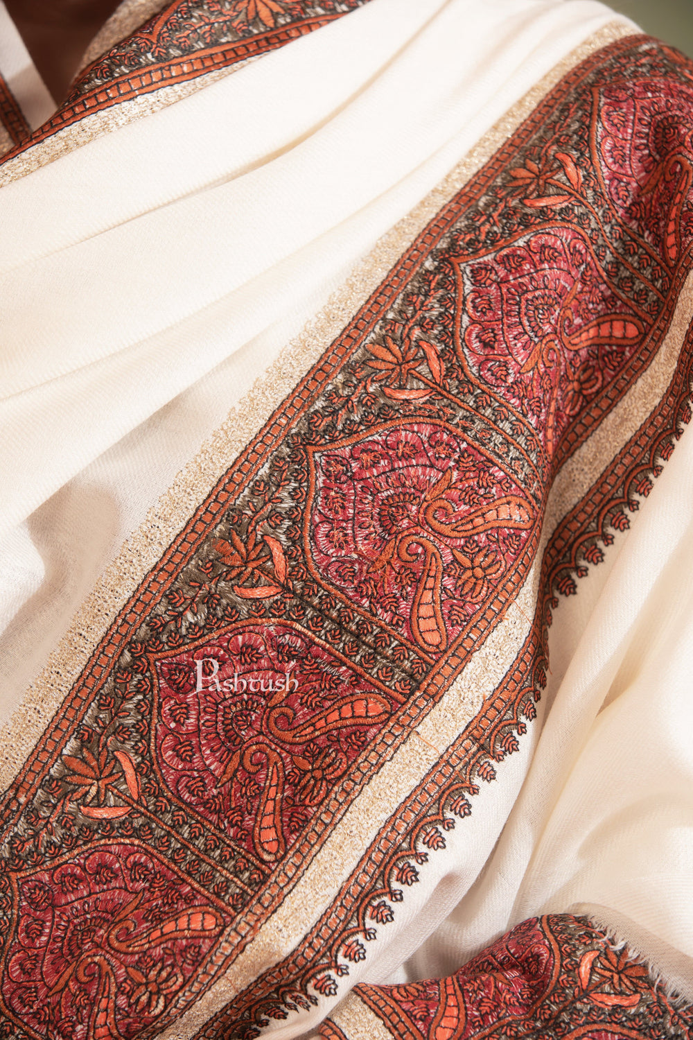 Pashtush India Womens Shawls Pashtush Womens Fine Wool Shawl, Kashmiri Border Embroidery With Tilla Design, Ivory